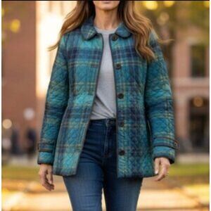 Lands' End Quilted Plaid Jacket Women's 6 Teal Lightweight Coat Spring Preppy‎